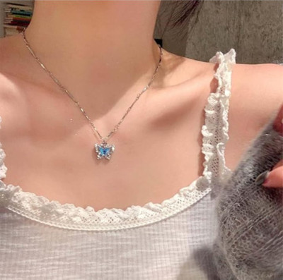 Arvora Korean Fashion Butterfly Necklace – Sparkling Blue Crystal Pendant for Women Alloy Necklace