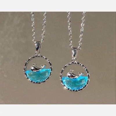 VR Divine Adorn Elegant 2 PCS Blue Dolphin Pendant Necklace Set | Silver Chain for Girls & Women Diamond Silver Plated Stainless Steel Chain Set