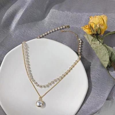 Vembley Stylish Pearl Necklace Vintage Double-Layer Elegant Chain for females Pearl Gold-plated Plated Alloy Necklace