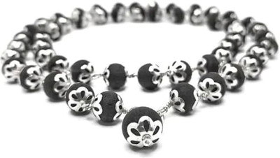 Akaraya Silver Karungali Malai 8 mm 54+1 Beads, Silver Ebony Beads Silver Plated Sterling Silver Chain