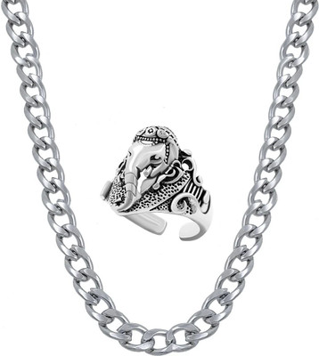 Saizen Silver plated men and boys chain with silver plated Ganpati face adjustable ring Rhodium Plated Stainless Steel Chain