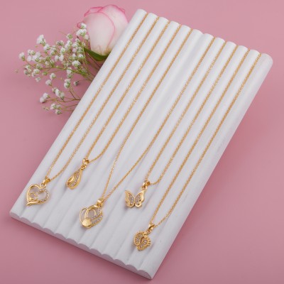 TINALIVA Pack of 5 Gold Plated Necklace Pendant Chain for women And Girls Crystal Gold-plated Plated Brass Necklace Set