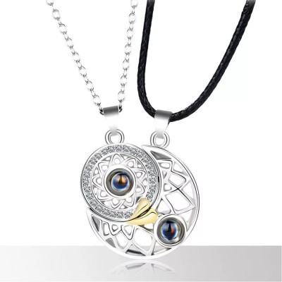 Vembley Stylish Sun Moon Matching Magnetic Couple Pendant Silver Plated Alloy Necklace Set