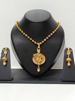 FASHION N FUSION Temple Jewellery Set Of Chain, Krishna Pendant With Earrings Brass Chain Set