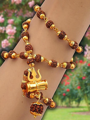 Ruhi Collection Religious Jewelry Damru Locket With Puchmukhi Rudraksha Mala Chain For Men Gold-plated Plated Brass Chain