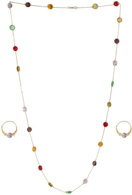 Dressberry Elegant Multi-Color Beaded Long Necklace Set with Matching Rings Gold-plated Plated Alloy Chain