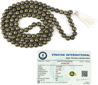 CRYSTU Certified Natural Pyrite 8 mm 108 Round Beads Jaap Mala/Necklace for Unisex Beads, Crystal Stone Chain