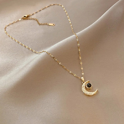 TVI I Love You In 100 Languages Crescent Pendant Cubic Zirconia Gold-plated Plated Alloy Necklace