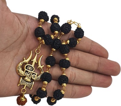 Fine Creation Natural Rudraksha Mala in Silver Polished Caps, 5 Face Rudraksha Necklace Beads Gold-plated Plated Brass, Wood Necklace