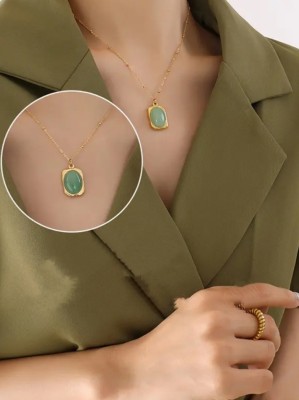 V FASHION JEWELLERY Rectangluar Jade Green Stone Pendant Necklace Chain For Women and Girls Jade Gold-plated Plated Stainless Steel Chain Set