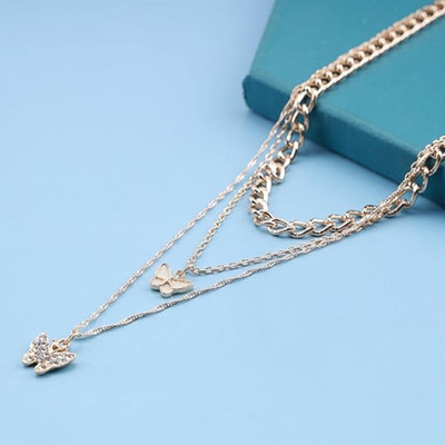 JDENTERPRISES Three Layered Studded Butterfly Chain Necklace For Girls And Women Gold-plated Plated Alloy Necklace