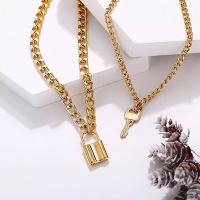 Vembley Vembley designer lock and key pendent double chain gold necklace Gold-plated Plated Alloy Necklace
