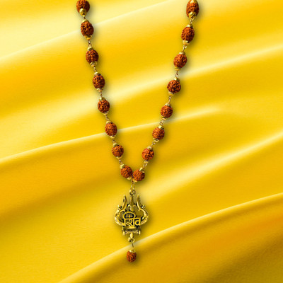 DARIDRA BHANJAN Real Rudraksha Mala Mahakal With Damru & Trishul Wood Necklace