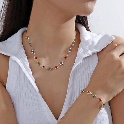 THANU'S CRAFT Gold Plated Multicolor Heart Stone Necklace & Charm Bracelet Chain Crystal Gold-plated Plated Metal Necklace