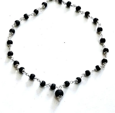 Akaraya Silver Karungali Malai 8 mm 54+1 Beads, Silver Ebony Beads Silver Plated Sterling Silver Chain