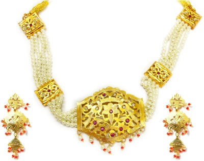 SMARNN Pearl, Crystal, Zircon Gold-plated Plated Metal, Stone, Mother of Pearl, Dori Necklace Set