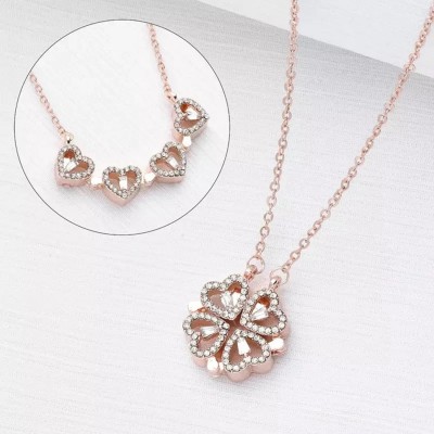 TheVineGirl Rosegold-plated Multi Wearing Clover Open Hearts Magnetic Pendant Necklace Cubic Zirconia Stainless Steel Necklace