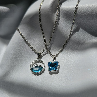 VR Divine Adorn Trendy 2 PCS Pendant Set with Blue Diamond Dolphin & Butterfly Silver Chains Silver Plated Stainless Steel Necklace Set