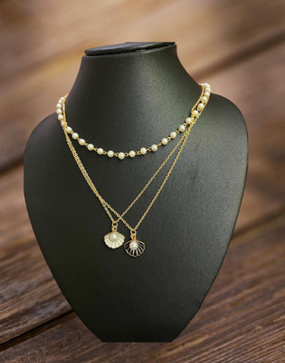 Aviman Creations THREE ELEGANT WHITE AND BLACK SHELL PEARL CHAIN SET Gold-plated Plated Brass Chain Set