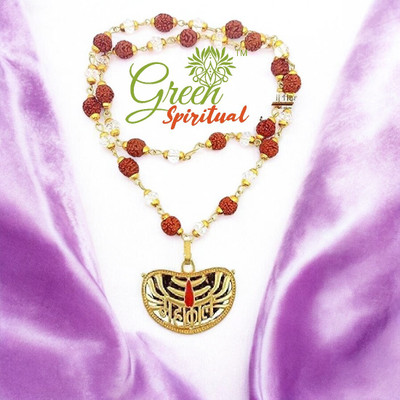 Green Spiritual Mahakal Locket with Rudraksha Crystel Mala Sacred Symbol of Power & Protection Gold-plated Plated Wood Chain