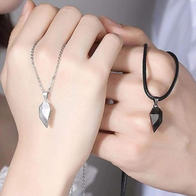 FASHION LIKO Valentine day 2Pcs Heart Couples Magnetic Necklace for Couples Silver Alloy, Stainless Steel, Leather Pendant Set