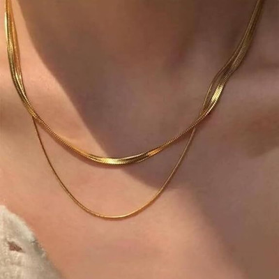 MARMORIS ECOM Anti Tarnish Golden Bohemi Dainty Two Layered Herringbone Flat Snake Chain Gold-plated Plated Stainless Steel Chain