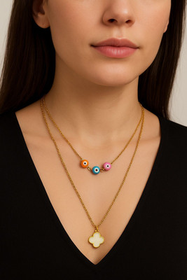 zarevia Invisible Chain Necklace with Evil Eye Beads & Pendant Pearl Gold-plated Plated Copper Chain