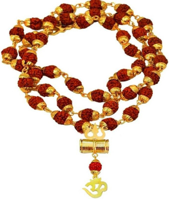 Green Spiritual Om Damru Locket With Puchmukhi Rudraksha Mala (8MM 36Beads) Brass Plated Brass Chain