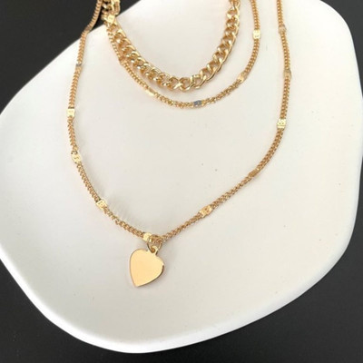 Vembley Trendy Three Layered Heart Pendant Chain Necklace For Ladies Gold-plated Plated Alloy Necklace