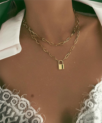Vembley Vembley Gorgeous Gold Plated Layered Chunky Chain Lock Pendant Necklace for Women and Girls Gold-plated Plated Alloy Necklace