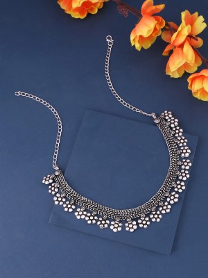 NVR Silver Toned Oxidised Beaded Chain Black Silver Plated Brass Choker