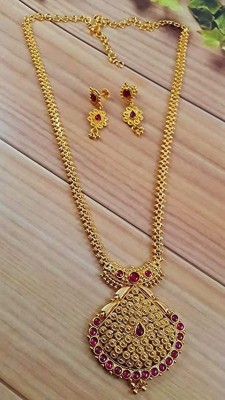 CM FASHIONS One Gram Gold Plated Traditional Ruby Stone Haram for Women & Girls. Ruby Gold-plated Plated Copper Necklace Set