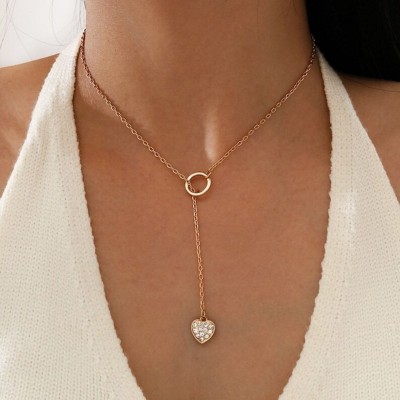 YU Fashions Yu Fashions Minimal Rhinestone Heart Toggle Korean Pendent Necklace Crystal Gold-plated Plated Stainless Steel Necklace