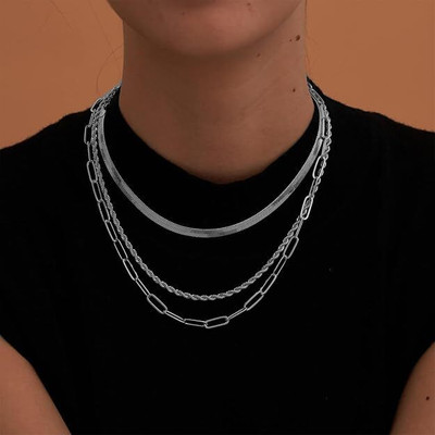 Bawree Elegant Stainless Steel Silver Herringbone, Rope & Paperclip Neck Chain Silver Plated Metal Chain