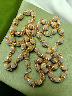 BRAJSTORE Natural White Tulsi Beads In Golden Self Design Cap Rosary Japa Mala Wood Chain