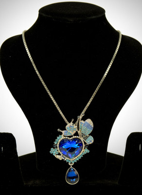 disha jewellery Blue Heart Crystal Butterfly Pendant Necklace for Women & Girls | Silver Chain Crystal Silver Plated Alloy Necklace
