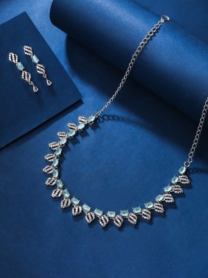 YELLOW CHIMES Blue Stone AD Jewellery Set for Women | Silver Diamond Necklace Set Crystal Rhodium Plated Brass Necklace Set