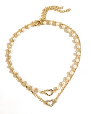 Oomph Gold Tone Multi Layer Pearls Heart Beads Gold-plated Plated Alloy Necklace