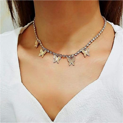 JDENTERPRISES Single Layered Butterfly Studded Necklace For Girls And Women Cubic Zirconia Gold-plated Plated Alloy Necklace