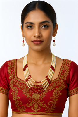 thejewels Elegant 4-Strand Pearl & Red Bead Mala Jewellery Set Glass Necklace Set