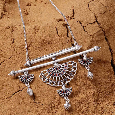 Voylla Mandala Half Wing Drops Enamel Oxidized Silver Silver Plated Brass Necklace