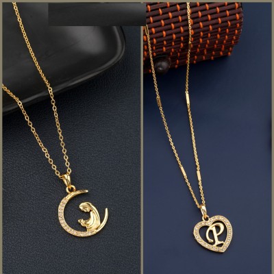 GANGA FASHION JEWELLERY combo of 2 pcs pendant 'P' alphabetical necklace chain with for women & girls Diamond Gold-plated Plated Alloy Chain Set