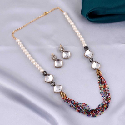 TJC Onyx Beads, Pearl Beaded With Cubic Zirconia Long Necklace With Earring Onyx, Pearl, Cubic Zirconia Gold-plated Plated Brass Necklace Set