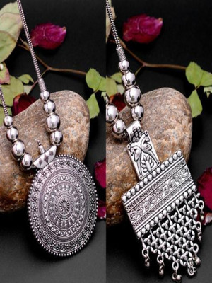 thefirstchoice Silver Oxidised Round & Peacock Shaped Pendant Necklace Combo for Women & Girls Oxidised Silver Chain Set