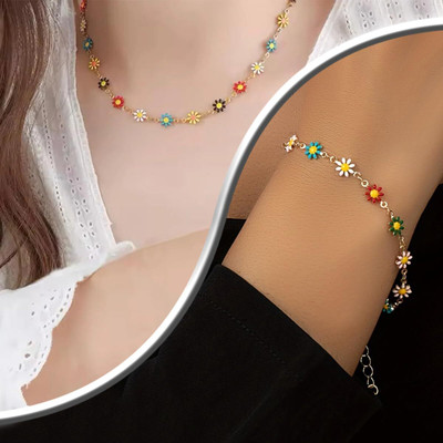 THANU'S CRAFT Gold Plated Multi Colour Flower Necklace & Adjustable Dainty Charm Hand Bracelet Crystal Gold-plated Plated Metal Necklace