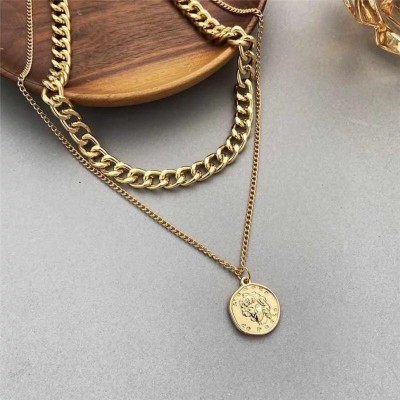 YU Fashions Coin Pendent 2 layered Link Chain Necklace Gold-plated Plated Steel Layered