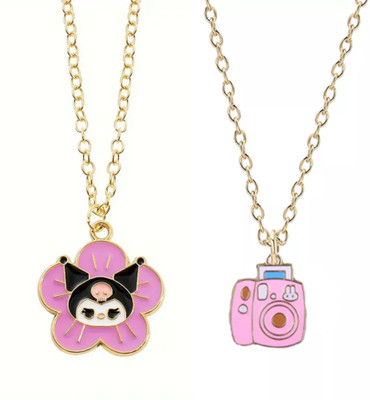 Pinapes Pink Flower and Camera Pendent Necklaces For Women Gold-plated Alloy