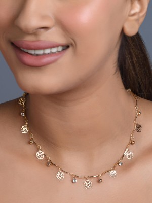 TONIQ Gold Plated Czstone Studded Delicate Rose Charm Choker Gold-plated Plated Alloy Necklace