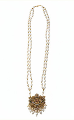 AADHVIKOM ENTERPRISES Traditional Lakshmi Pendant white Pearl necklace/Gold Temple Necklace Crystal, Alloy Necklace