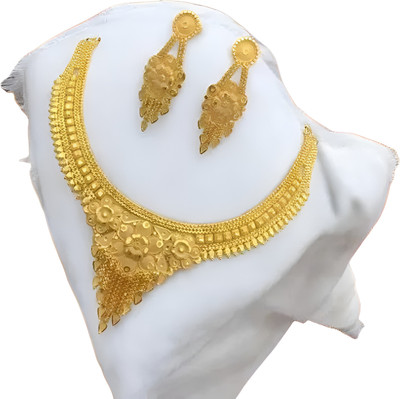 Labhumaa GOLD PLATED SET / NECKLACE / Short Fancy Designed Necklace With Earrings Silver Plated Alloy Necklace Set